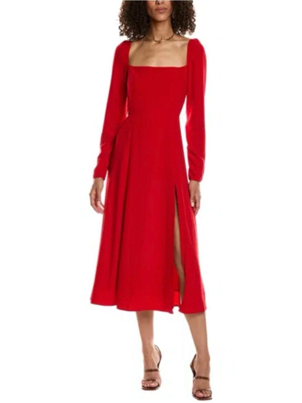 Square-Neck Red Midi Dress with Long Sleeves